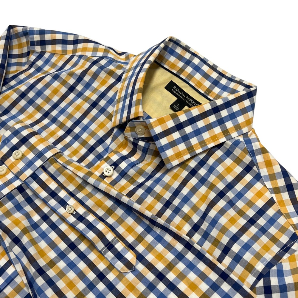 Banana Republic Men's Yellow Blue Check Non-Iron Tailored Slim Button Up Shirt